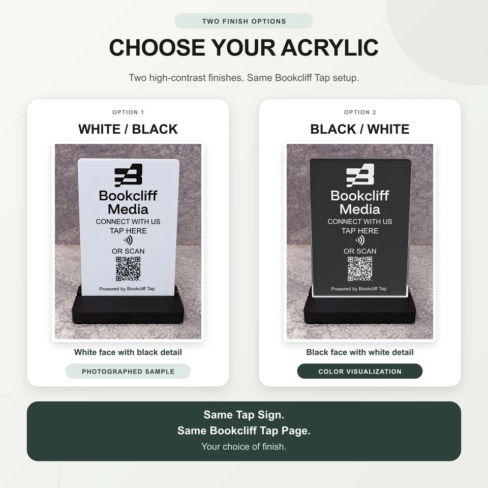 Bookcliff Tap Sign acrylic finish choices: white with black engraving and black with white engraving